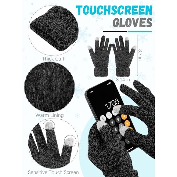 Women Black Gray Mix  Knit Beanie Hat, Gloves, Scarf & Ear Warmer Set - Winter - Picture 3 of 6